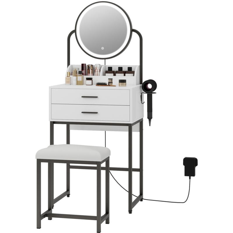 Puluomis - Coiffeuse avec Miroir led et Tabouret, Deux grands tiroirs et deux compartiments de rangement, Support pour sèche-cheveux sur le côté,