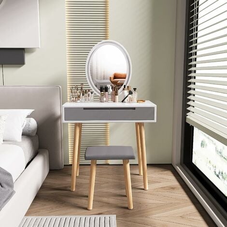 Ensemble de coiffeuse de maquillage, avec miroir HD LED 3 couleurs, avec  table de chevet mobile et tabouret rembourré, meubles de chambre à coucher  à