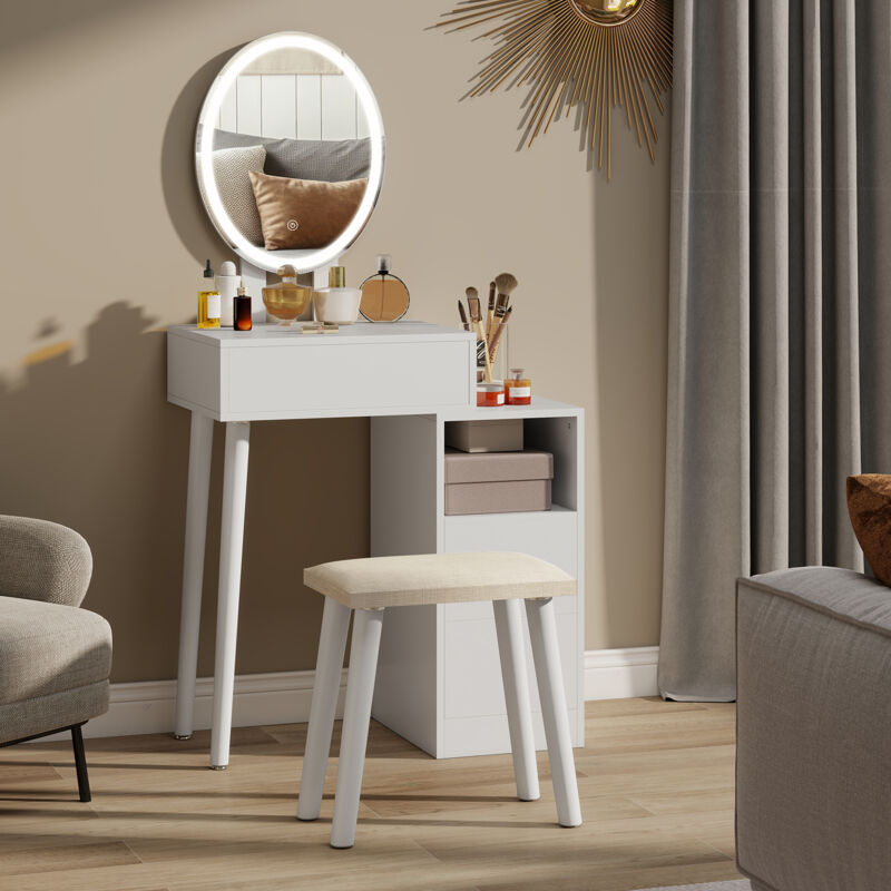 Coiffeuse avec miroir ovale et éclairage led, table de maquillage et coiffeuse avec tabouret rembourré beige et armoire blanche - Puluomis