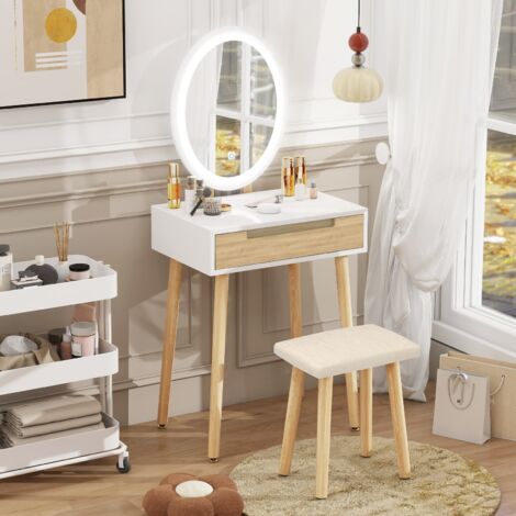 Puluomis – Coiffeuse moderne avec miroir LED et rangement – MDF écologique – 60,9 x 39,9 x 78,7 cm – Tabouret inclus – Pour maquillage quotidien