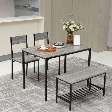 Puluomis Dining Table and Chairs Set, Modern Industrial Style Dining Room Furniture, Metal Frame, for Dining Room Kitchen Bistro Bar Restaurant Patio, 4 Pieces, 1 Table 2 Chairs and 1 Bench, Grey
