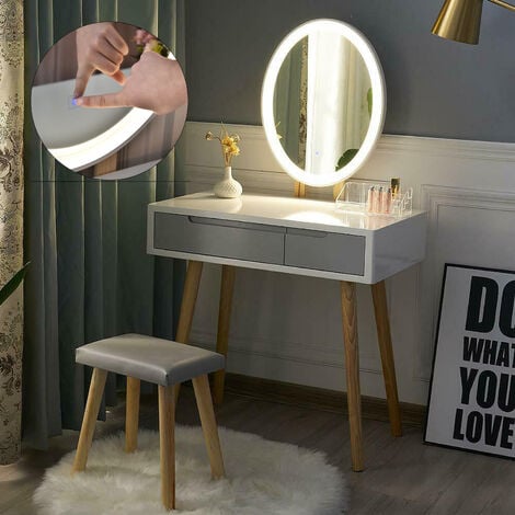 Puluomis Dressing Table with LED Lights Mirror, Vanity Makeup Table Set with Adjustable Brightness Mirror, Cushioned Stool and Free Make-up Organizer, Double Drawer, Oval Mirror
