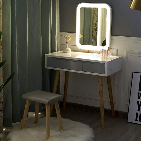 Puluomis Dressing Table with LED Lights Mirror, Vanity Makeup Table Set with Adjustable Brightness Mirror, Cushioned Stool and Free Make-up Organizer, Double Drawer, Rectangle Mirror