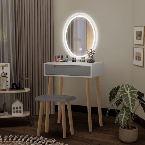 Puluomis Dressing Table with LED Lights Mirror, Vanity Makeup Table Set with Adjustable Brightness Mirror, Cushioned Stool and Free Make-up Organizer, Single Drawer, Grey
