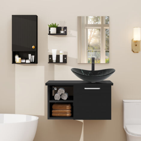 Puluomis Ensemble de meuble-lavabo, meuble mural - vasque, meuble mural à rayures noires, meuble-lavabo en bois noir - avec miroir, vasque -robinet, Lavabo à motif roche noir et blanc, ensemble de sal