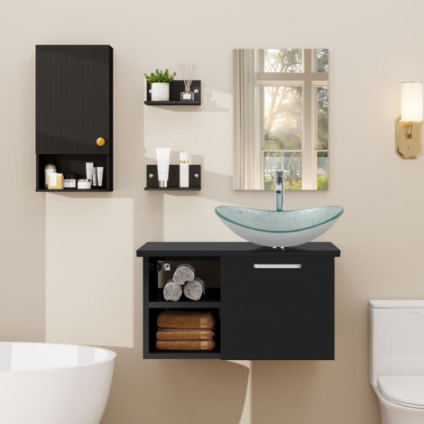 Puluomis Ensemble de meuble-lavabo, meuble mural - vasque, meuble mural à rayures noires, meuble-lavabo en bois noir - avec miroir, vasque -robinet, Lavabo en feuille d'argent, ensemble de salle de ba