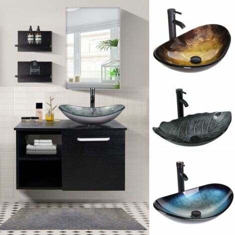 Puluomis – Ensemble de meubles de salle de bain avec miroir 71 x 47 x 40 cm – 2 étagères latérales en bois noir – Capacité 90 kg – Installation simple
