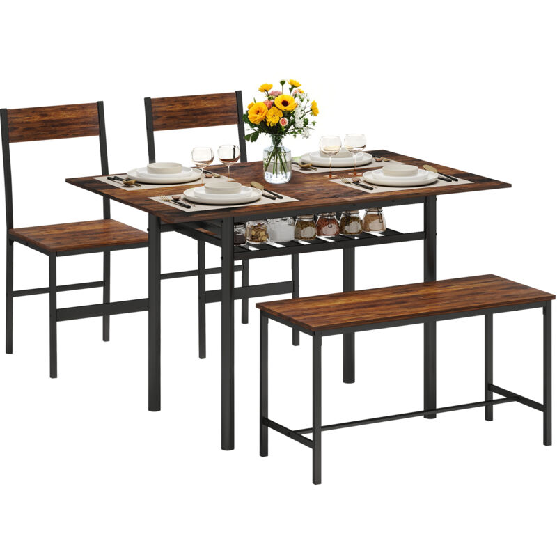 Puluomis Ensemble de Salle à Manger 4 pièces Table de Salle à Manger Meubles de Salle à Manger 2 chaises et Banc avec étagère en Bois et Structure en