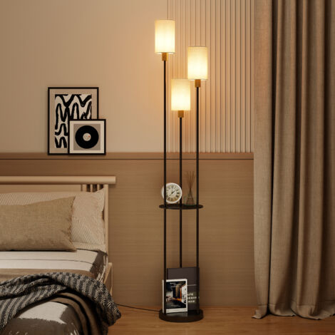 Puluomis Industrial Floor Lamp with 3 Linen Lampshade, Standing Lamp with Foot Switch, Floor Lamp with 2 Tier Shelf, for Living Room, Bedroom, Study, Black