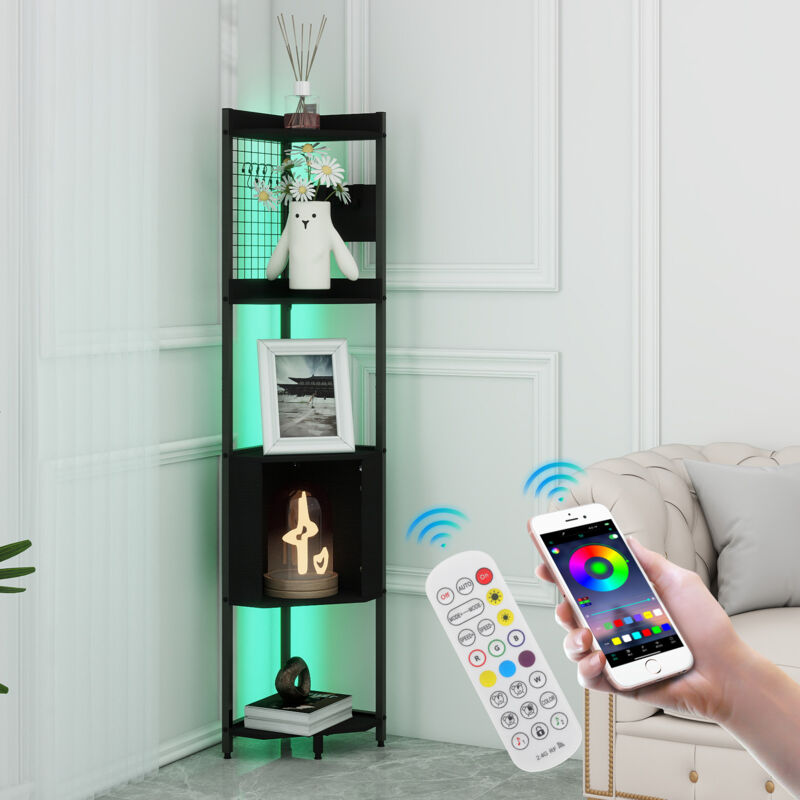 Lampadaire étagère rgb, lampadaire avec télécommande/contrôle app, éclairage avec mode musique, 5 étagères pour chambre salon noir - Puluomis