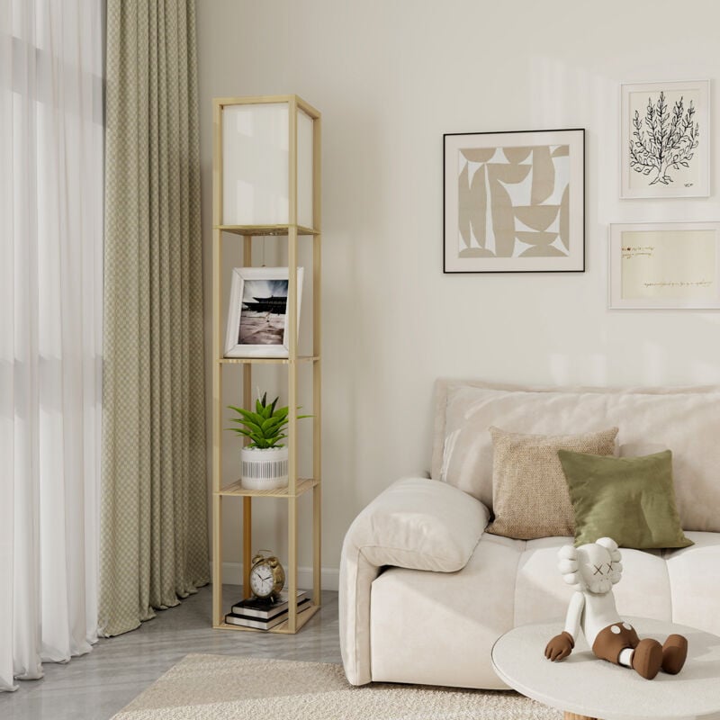 Lampadaire sur pieds avec étagères 160cm, Lampadaire en Bois, éclairage Intérieur, Convient Pour Le Salon, La Chambre, La Salle D'étude, Le Bureau,