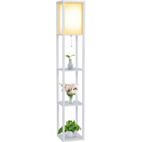 Puluomis – Lampadaire trépied en bois blanc 160 cm – 3 étagères ouvertes – Abat-jour en lin doux – Compatible ampoules E27 jusqu'à 60W