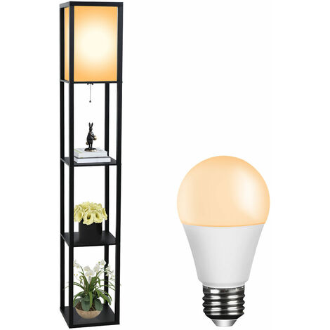 Puluomis – Lampadaire trépied en bois noir avec étagères – Douille E27 – Hauteur 160 cm – Ampoule LED 8W incluse – Éclairage chaleureux