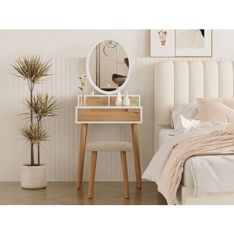 Puluomis LED Coiffeuse avec miroir et tabouret, Table de maquillage et tabouret, Miroir ovale + 3 tiroirs Couleur du bois, Tactile Commode, Chambre, Dressing, Maison - Chêne