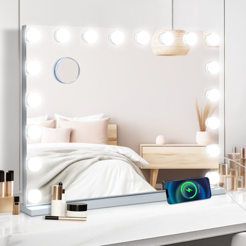 Led Miroir de Maquillage 80x60cm 18 lumières Hollywood avec Ecran Tactile & Loupe de Grossissant 10X Blanc - Puluomis