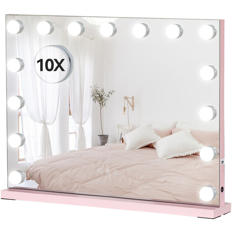 Led Miroir de Maquillage Hollywood 15 lumières avec Ecran Tactile & Loupe de Grossissant 10X Rose - rose - Puluomis