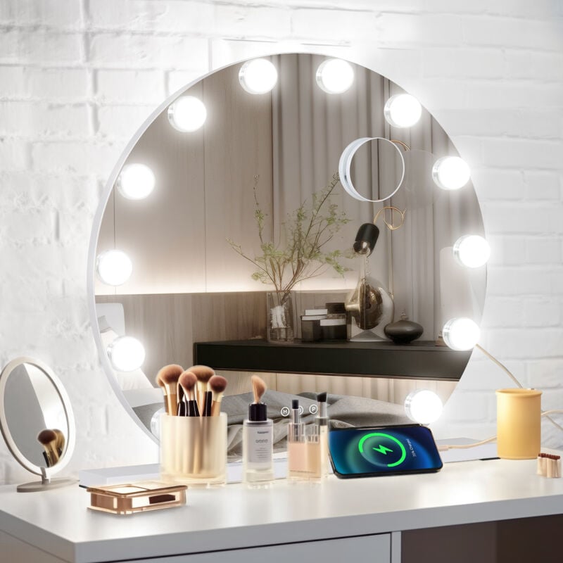 Led Miroir de Maquillage 60x58cm Hollywood avec Ecran Tactile 12 lumières rond - Puluomis