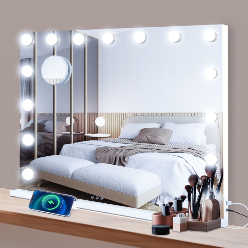 Led Miroir de Maquillage 58x45cm Hollywood, Grand Miroir Lumineux Mural avec15 lumières, Réglables 3 Modes d'éclairage, Commode Tactile & Loupe de