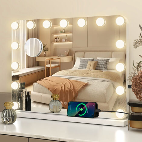 Puluomis LED Miroir de Maquillage 58x43cm Hollywood, Miroir Grossissant Luminueux cosmétique à coins arrondis, Mural, Simple, Carré, Tactile, 15 Ampoules, Chambre - Blanc