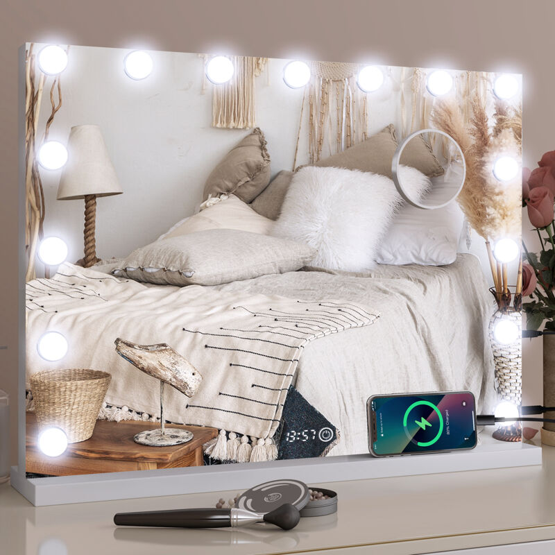 Led Miroir de Maquillage 58x45cm Hollywood avec horloge numérique et température, Ecran Tactile & Loupe de Grossissant 10X - Puluomis