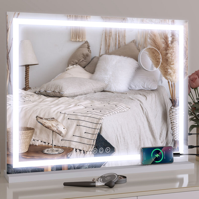 Led Miroir de Maquillage 70x55cm Hollywood Carré avec éclairage led et interrupteur tactile, 3 couleurs de lumière, 10x loupe - Puluomis