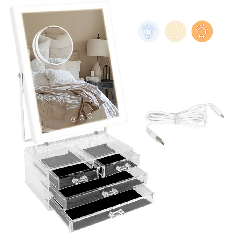Led Miroir de Maquillage cm Hollywood, Coffret à bijoux Ecran Tactile & Loupe de Grossissant 10X - Puluomis