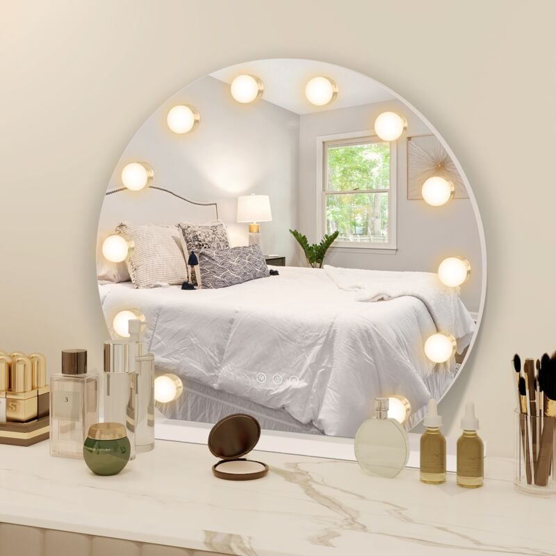 Led Miroir de Maquillage 50x50cm Hollywood avec Ecran Tactile 12 lumières rond - Puluomis