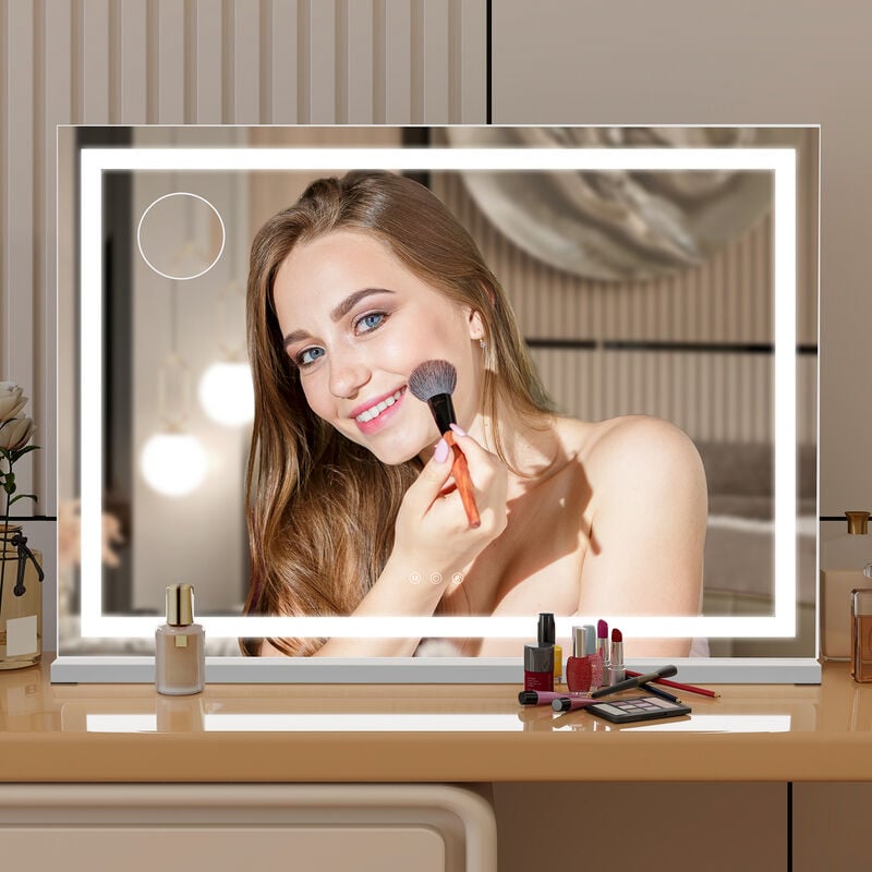 Puluomis - led Miroir de Maquillage 80x56cm Hollywood Carré avec éclairage led et interrupteur tactile, 3 couleurs de lumière, 10x loupe