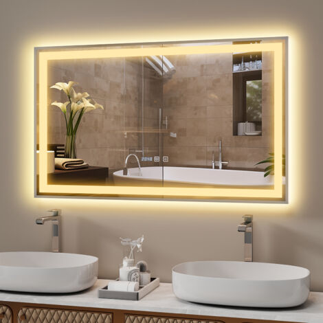 Puluomis LED Miroir de Salle de Bain 100x60cm, Miroir luminueux de salle de bain, Miroir mural, Interrupteur Tactile, Anti-buée, LED Réglable, Étanchéité IP44, Affichage numérique- Argent