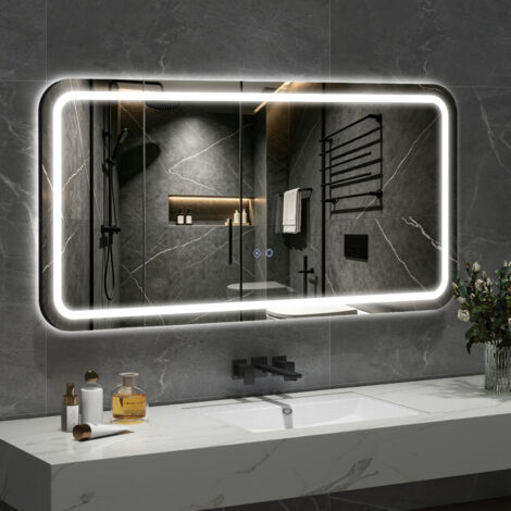 Puluomis LED Miroir de Salle de Bain 120x60cm, Miroir luminueux de salle de bain, Miroir mural longue, Interrupteur Tactile, Anti-buée, LED Réglable, Étanchéité IP44, Angles arrondis- Noir
