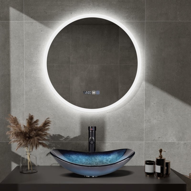 Led Miroir de Salle de Bain 60x60cm, Miroir Rond luminueux de salle de bain, Miroir mural, Tactile, Anti-buée, led Réglable - Blanc - Puluomis