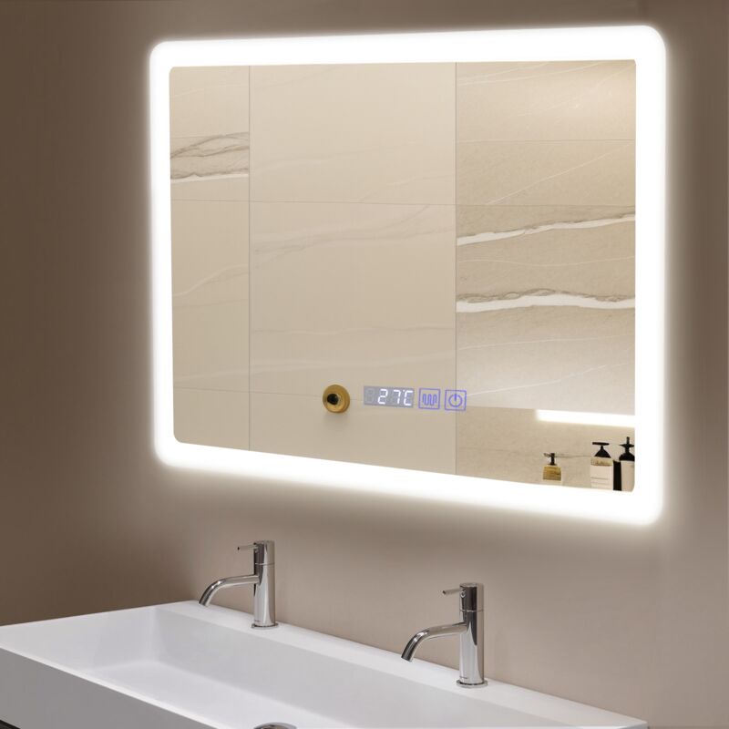 Led Miroir de Salle de Bain 80x60cm, Miroir luminueux de salle de bain, Miroir mural, Interrupteur Tactile, Anti-buée, led Réglable - Blanc - Puluomis