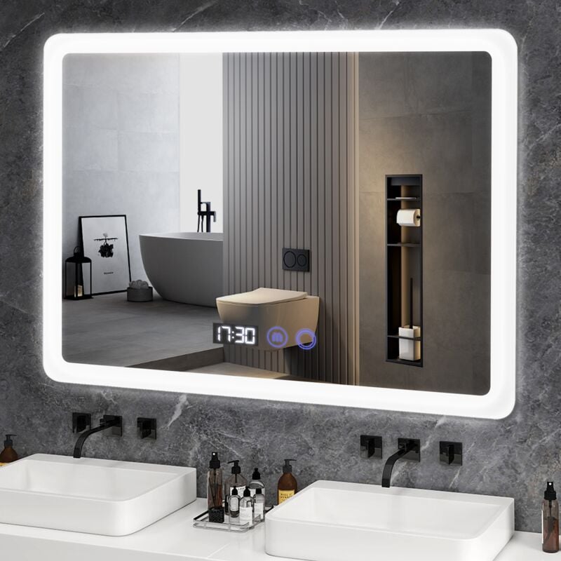 Led Miroir de Salle de Bain 80x60cm, Miroir luminueux de salle de bain, Miroir mural, Interrupteur Tactile, Anti-buée, led Réglable - Blanc - Puluomis