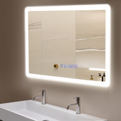 Puluomis LED Miroir de Salle de Bain 80x60cm, Miroir luminueux de salle de bain, Miroir mural, Interrupteur Tactile, Anti-buée, LED Réglable - Blanc