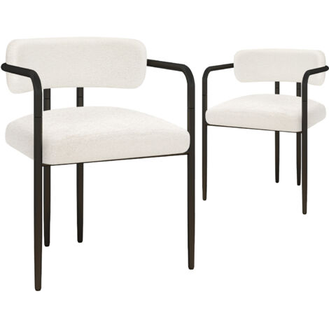 Puluomis – Lot de 2 chaises de salle à manger en velours blanc – Rembourrées en tissu Teddy – Pieds en métal noir – Design rétro moderne – Hauteur d'assise 46 cm