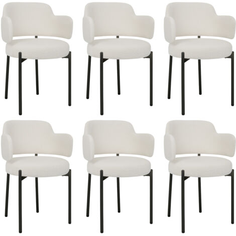 Puluomis – Lot de 6 chaises de salle à manger en velours blanc – Rembourrage en tissu Teddy – Pieds en métal noir – Design rétro moderne
