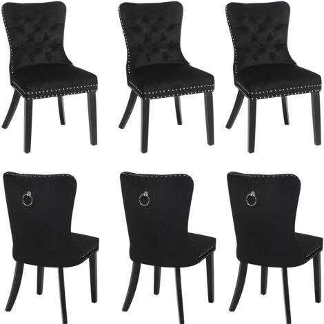 Puluomis – Lot de 6 chaises de salle à manger en velours noir – Assise rembourrée en mousse – Pieds en bois massif – Dossier haut ergonomique