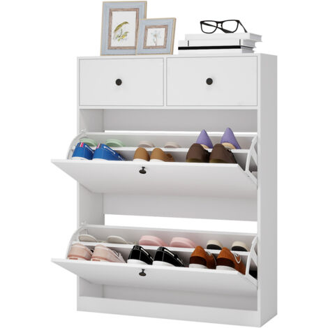 Puluomis – Meuble à chaussures 2 tiroirs – Dimensions 80x24x106cm – Étagères réglables – Protection anti-basculement – Blanc