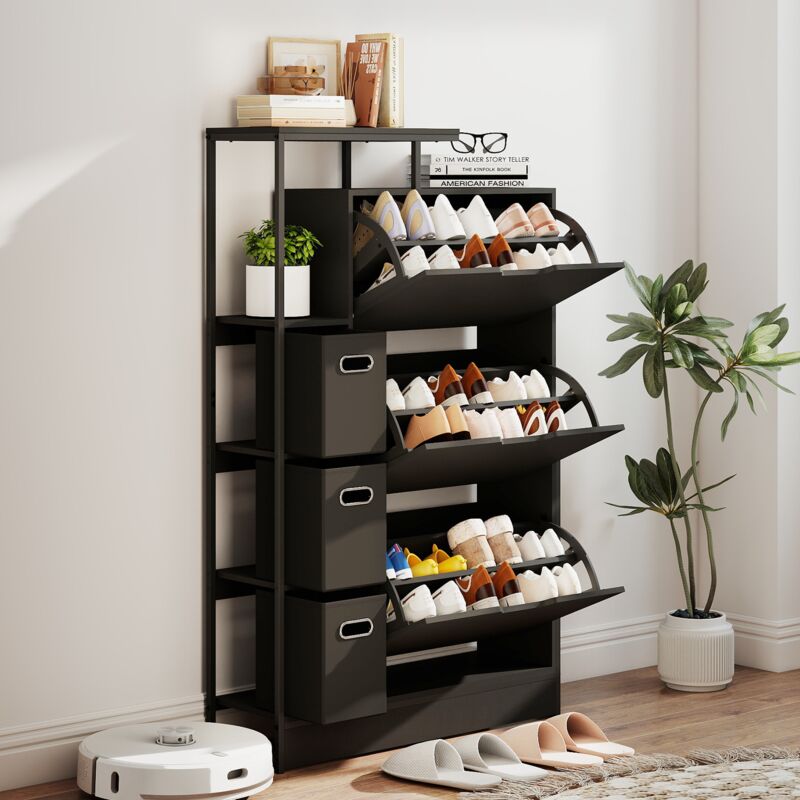 Puluomis Meuble à Chaussures 3 en 1 avec 3Tiroirs, Étagère, Grilles Rabattables, Commode d'Entrée Range-Chaussures avec Système Anti-Basculement, Noir
