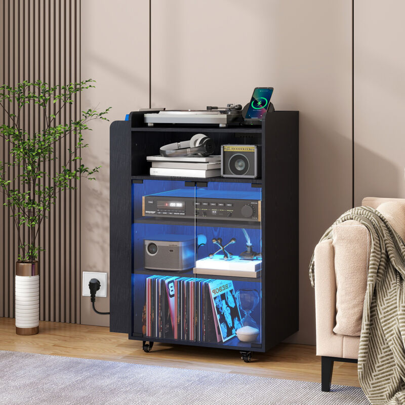 Puluomis Meuble de rangement pour disques vinyles FITUEYES Design en bois, meuble audio-visuel à 5 étagères, éclairage RGB, télécommande, port USB et