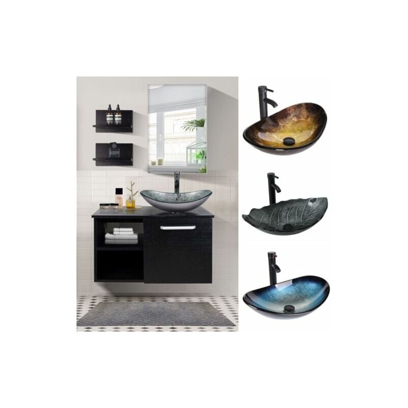 Puluomis - Ensemble de meubles de salle de bain Double Étagères Latérales en Bois avec Miroir 1 Porte et 2 Étagères 71cm Noir Salle de Bain, Cuisine,