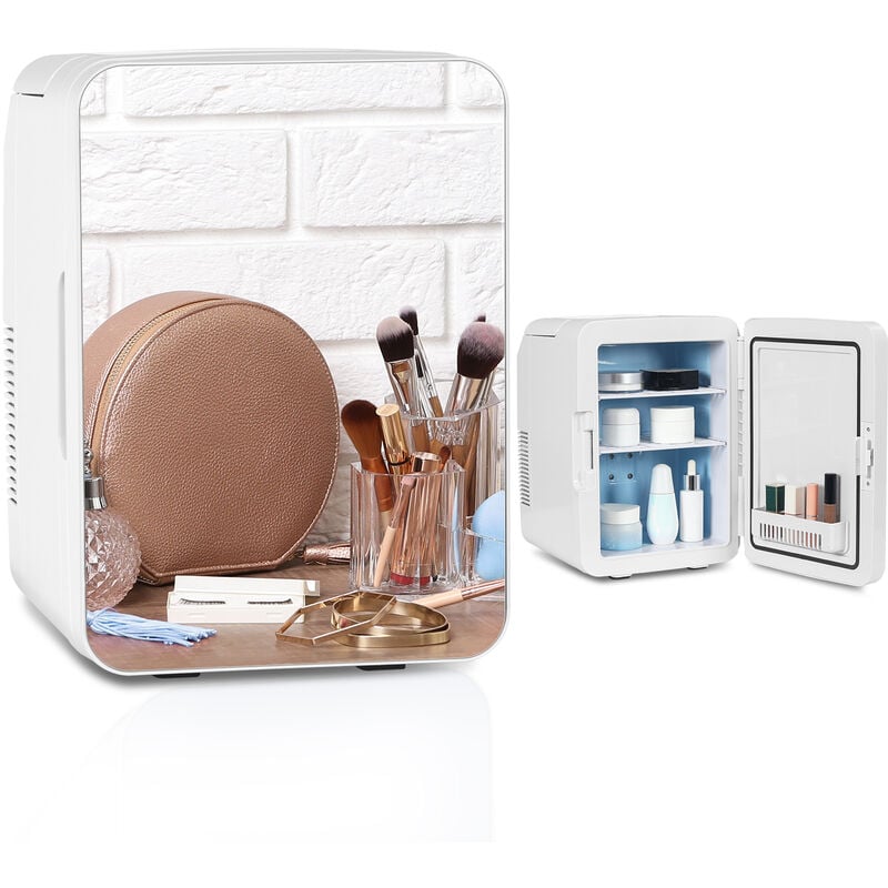 Puluomis - Mini Frigo de Chambre 10L avec Miroir Maquillage Mini-Réfrigérateur électronique 220V/12V portable avec poignée Blanc - Blanc