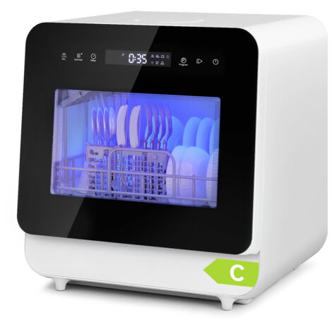 Puluomis – Mini lave-vaisselle 2 couverts – 6 programmes de lavage – Dimensions 43 x 45 x 46 cm – Réservoir d'eau 5L–Démarrage différé 24h –Nettoyage à 360 degrés- Noir