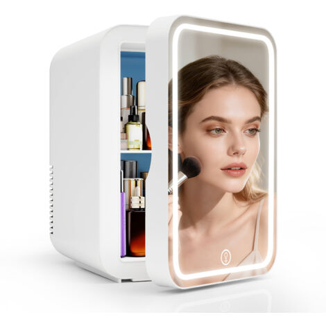 Puluomis – Mini réfrigérateur portable 8L avec miroir LED – 220V/12V – Niveau sonore ≤ 40 dB – Pour soins de beauté et boissons – Blanc