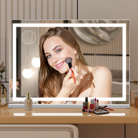 Puluomis – Miroir de maquillage 80x56cm carré avec éclairage LED – 3 couleurs de lumière – Interrupteur tactile – 10x loupe – Verre et métal