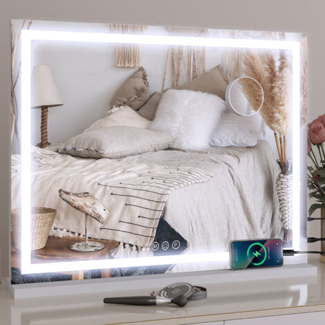 Puluomis – Miroir de maquillage LED 70x55cm – Éclairage réglable 3 couleurs – Miroir grossissant 10x – Installation murale ou sur table