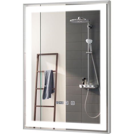 Puluomis Miroir de salle de Bain 50×70cm , Avec éclairage LED réglable , Miroir cosmétique lumineux grande taille , Miroir mural , 3 couleurs de lumière , Antibuée , Tactile , Affichage Numérique -Arg