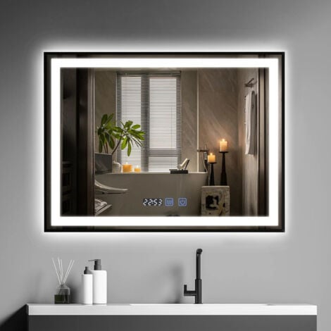 Puluomis Miroir de salle de bain 60×80cm , Avec éclairage LED réglable , Miroir cosmétique lumineux de grande taille, Miroir mural , 3 couleurs de lumière , Antibuée , Tactile , Affichage Numérique -