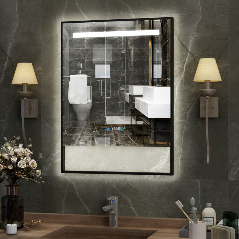 Puluomis - Miroir de salle de bain 80×60cm,Avec éclairage led réglable, Miroir cosmétique lumineux de grande taille avec support de rangement, Miroir