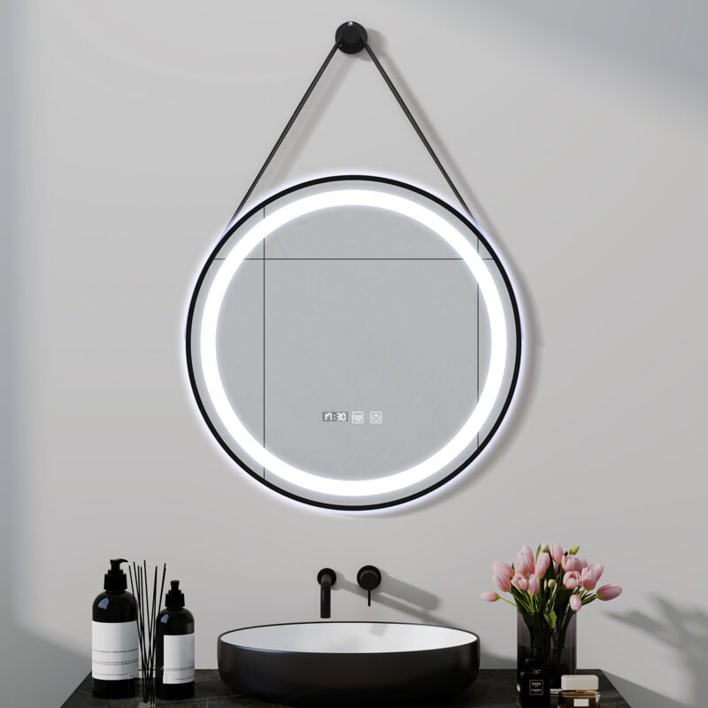 Puluomis - Miroir de Salle de Bain Rond led 60x60cm, Miroir Lumineux Cosmétique Mural 3 Couleurs Lumière Réglables, Cadre Métallique, Sangle